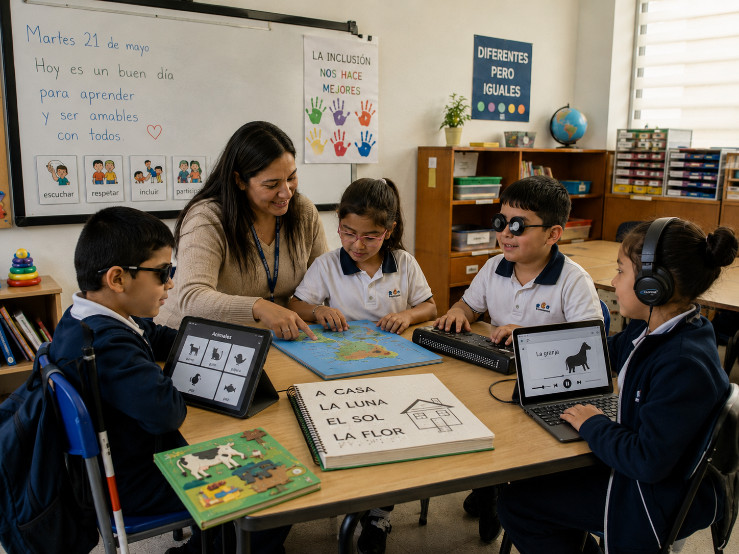 Docente + estudiante + TIC accesibles - Ilustración inclusiva del portal